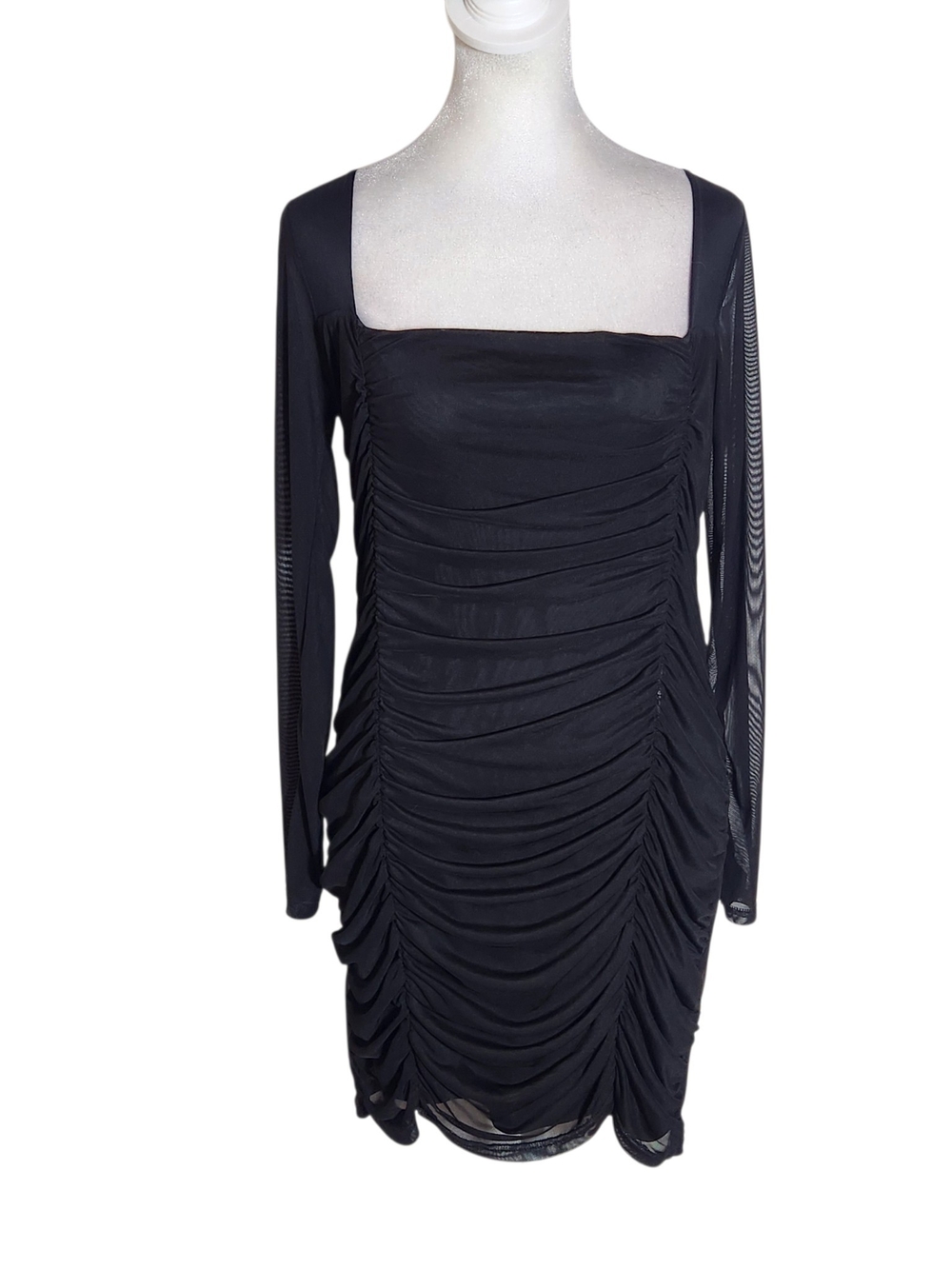Nasty Gal Black Mesh Ruched Long Sleeve Mini Cocktail Dress Size 6